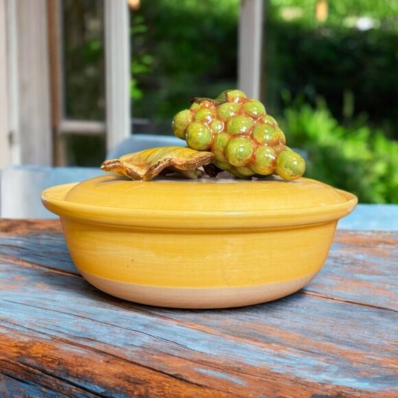 Cali Other - Vintage Cali Large Ceramic Pottery Serving Bowl Yellow Grape 3D Lid Collectible
